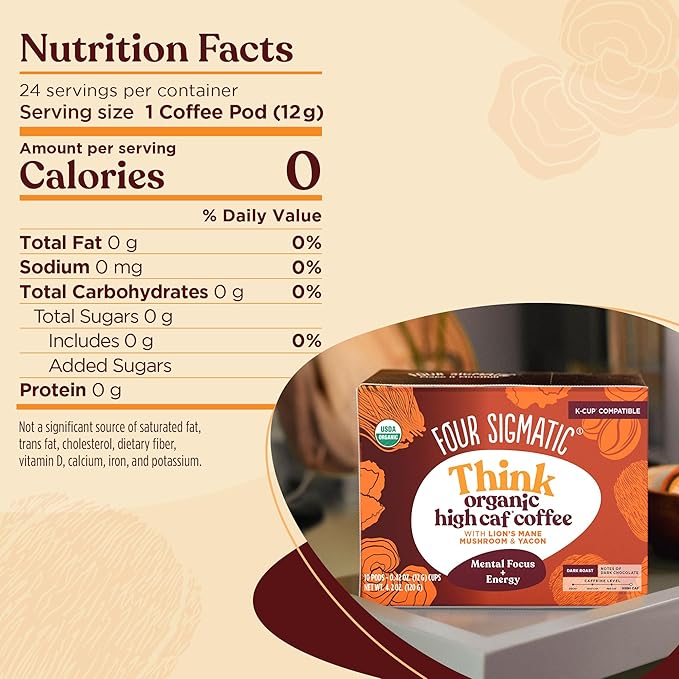 Four Sigmatic High Caffeine Mushroom Coffee K-Cups | Organic Dark Roast Coffee with Lion’s Mane & Chaga | Focus & Immune Support | Vegan & Keto | Sustainable Pods | 24 Count