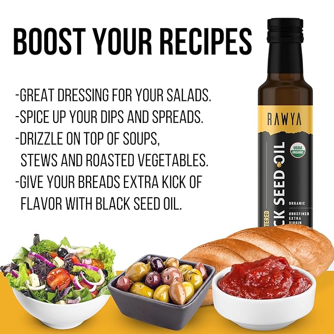 RAWYA Black Seed Oil - Organic Cold Pressed Nigella Sativa - Turkish Origin - USDA Organic - Natural Supplement - Black Cumin Seed Oil - Rich Flavor & High Concentration - 250ml Glass Bottle