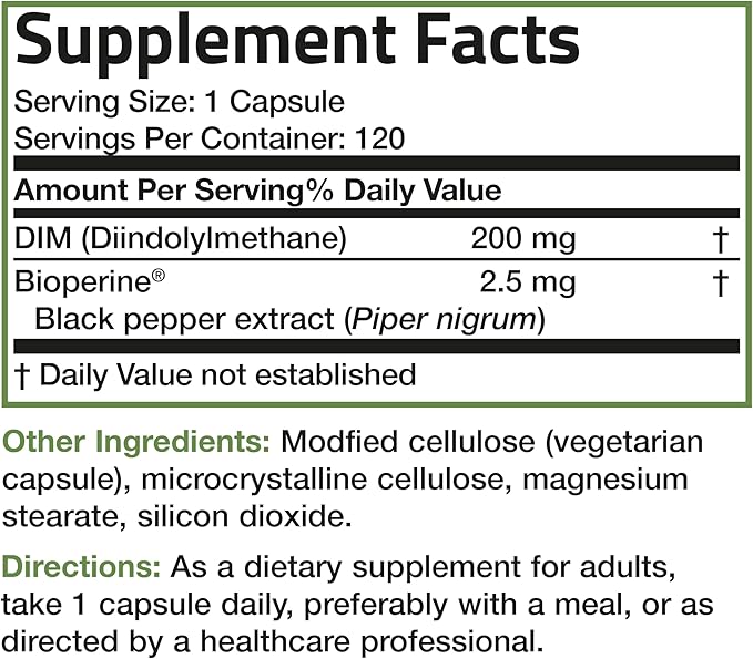 Bronson DIM Supplement 200 MG Diindolymethane with BioPerine for Enhanced Absorption, Estrogen Metabolism & Maintains Balanced Hormone Levels, 120 Vegetarian Capsules