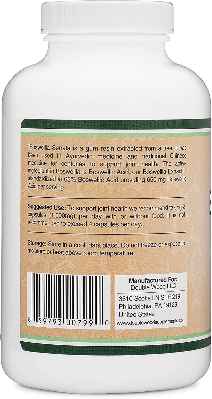 Boswellia Serrata - 240 Capsules (Max Strength 1,000mg of 65% Boswellic Acid Extract) Boswellia Extract Capsules (Joint Support Supplement for Joint Health) Third Party Tested by Double Wood