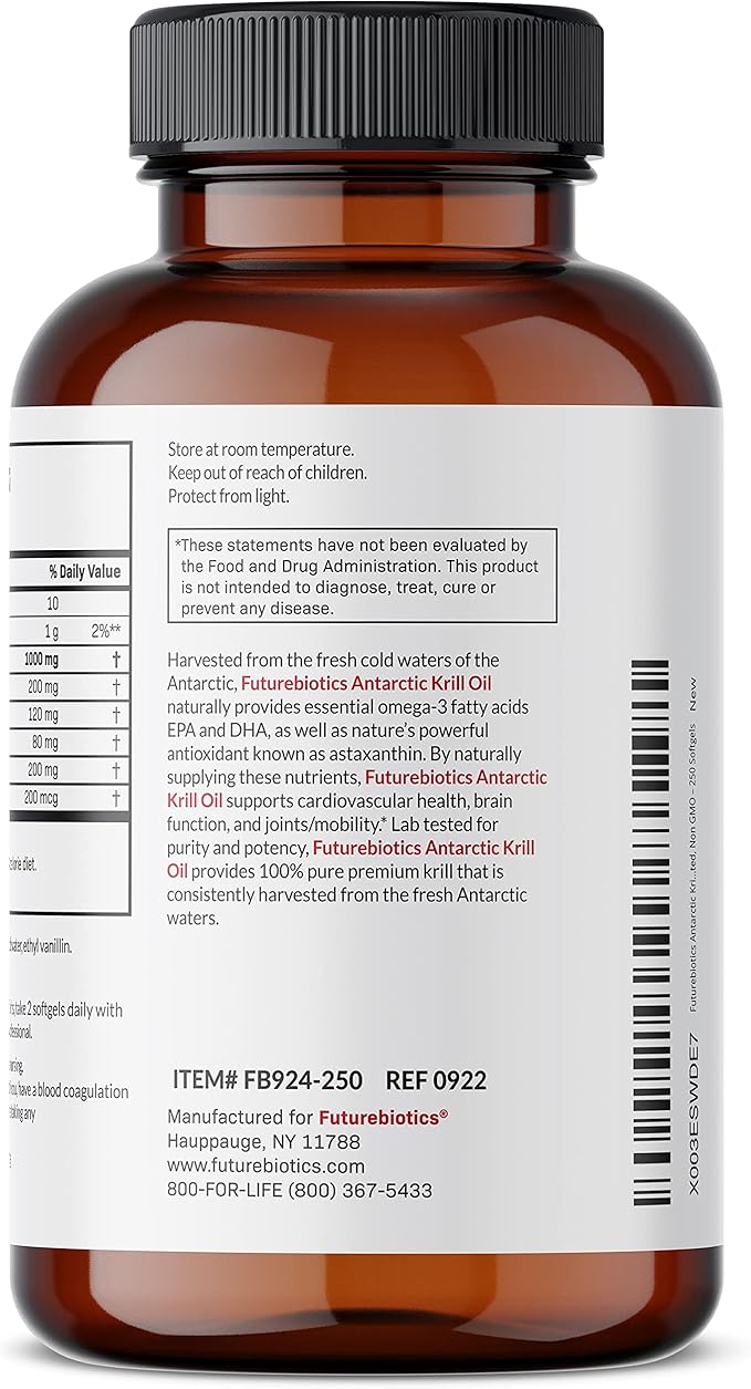 Futurebiotics Antarctic Krill Oil 1000mg Omega-3s EPA, 100% Pure 250 Softgels (125 Servings)