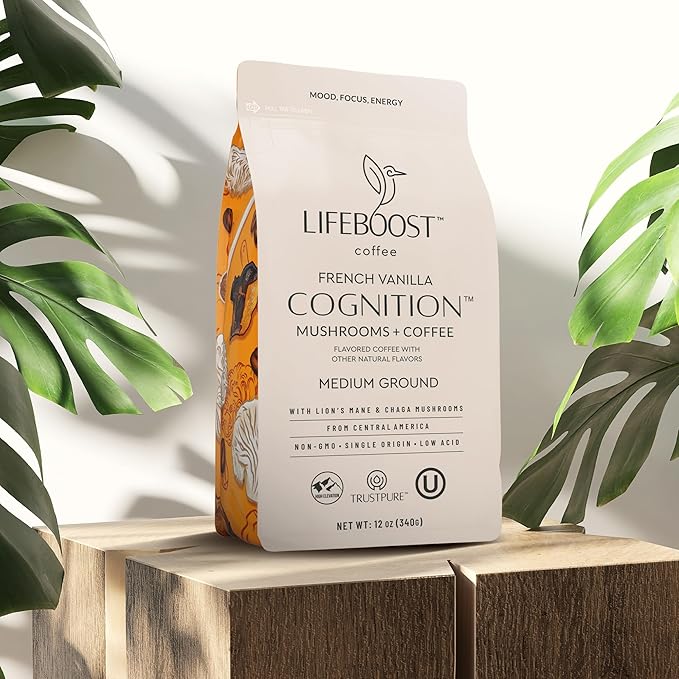 Lifeboost French Vanilla Cognition Mushroom Coffee - Lions Mane & Chaga Nootropic Coffee - Low Acid Medium Organic Coffee - Increase Energy, Boost Focus & Immune Support - 12 oz Bag - Ground