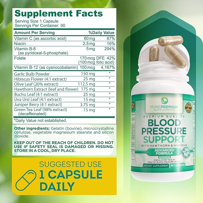 PurePremium Blood Pressure Supplements with Hawthorn B12 - 90 Caps