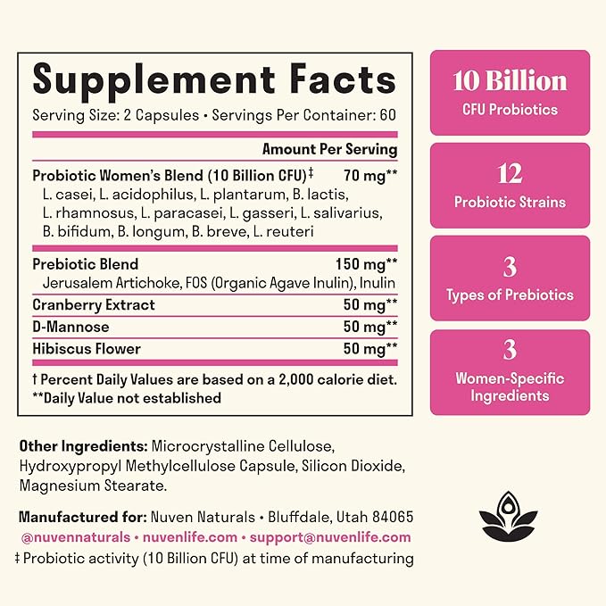 3-in-1 Womens Probiotic - 60 Servings - 12 Unique Strains, Prebiotics, D-Mannose, & Cranberry for Digestive Health, Vaginal Health & Immune Support - Prebiotics and Probiotics for Women | pH Balance