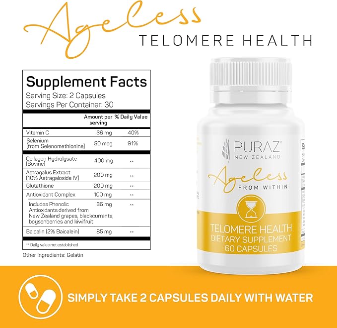 Telomere Supplements w/Potent Astragalus Root Extract 60 Capsules