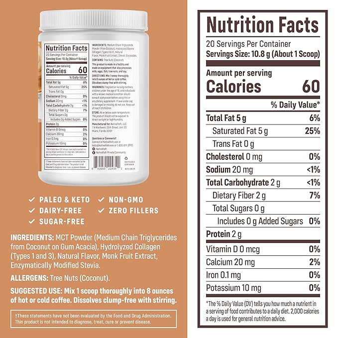 NativePath Keto Coffee Creamer Powder Hazelnut — Keto-Friendly, Non-Dairy & Low Sugar Creamer. Made with Grass-fed Collagen Protein Powder, MCT Oil & Monk Fruit. Soy & Gluten Free (7.6OZ)