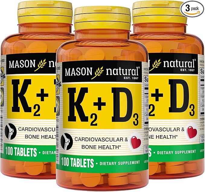MASON NATURAL Vitamin K2 + D3, 300-Day Supply, with Calcium for Normal Bone and Muscle Support, 100 Tablets (Pack of 3)