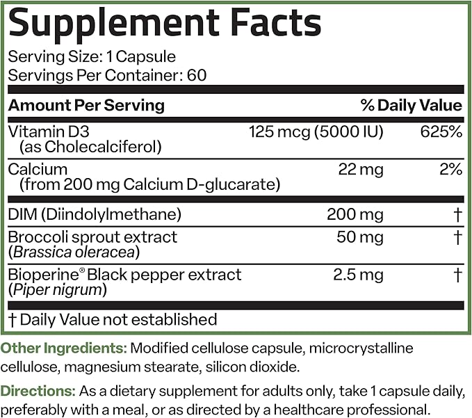 Bronson DIM Balance+ Calcium D-Glucarate, Broccoli D3 200 200 MG 60 Vegetarian