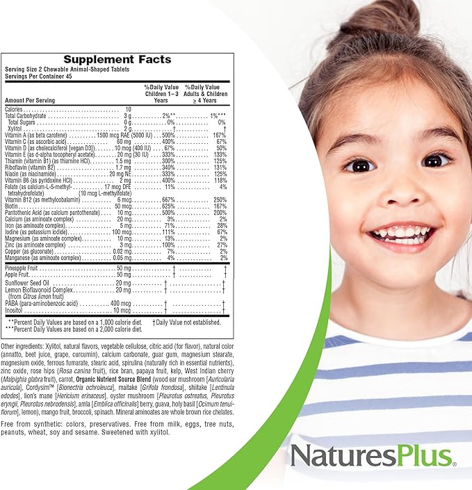 Natures Plus Animal Parade Sugar-Free Children's Multivitamin - Assorted Cherry, Grape & Orange Flavors - 90 Chewable Tablets - 45 Total Servings