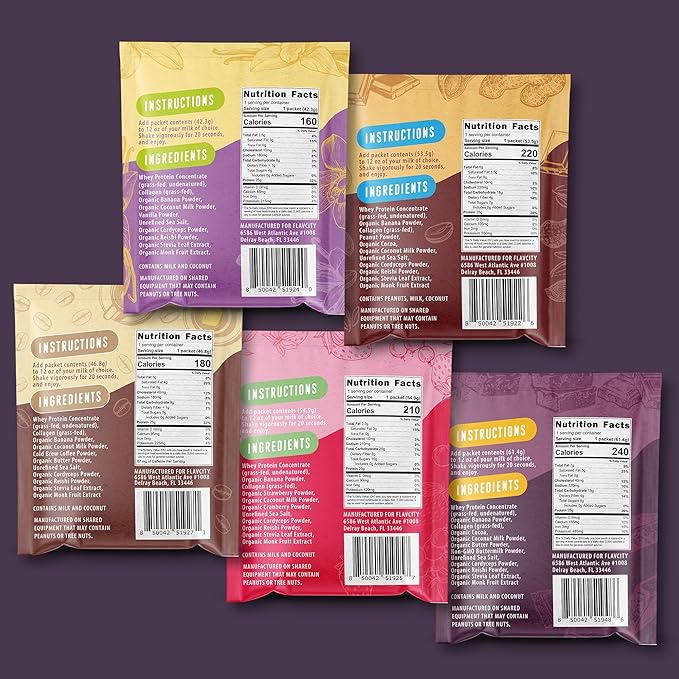 FlavCity All-in-One Protein Smoothie Powder, Variety Pack (5 Single Serve Packets) - 100% Grass-Fed Whey Protein Powder with 25g Protein & 10g Collagen - Gluten-Free Pre Workout & Post Workout Drink