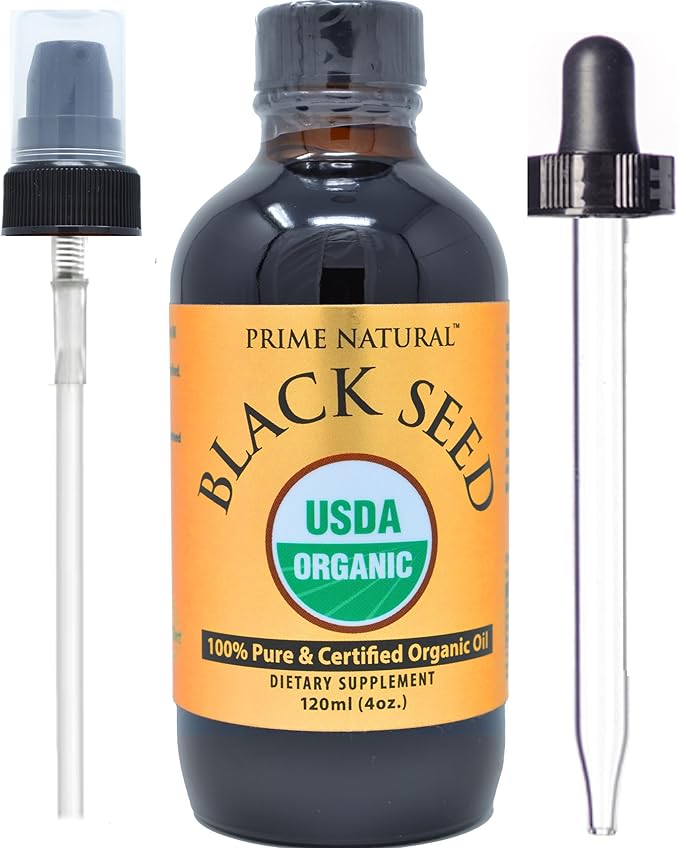 Prime Natural Organic Black Seed Oil 4oz - Cold Pressed Unrefined High Thymoquinone 1.7% USDA Certified - Turkish Origin Potent Nigella Sativa Liquid - Vegan Omega 3 6 9, Antioxidant