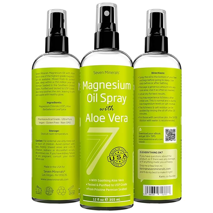 Seven Minerals, Magnesium Oil Spray with Aloe Vera - Less Itchy - Use as Magnesium Spray Deodorant - Made in USA - Get Healthy Hair & Skin and Sleep Better - Free eBook Included (Big 12 oz)