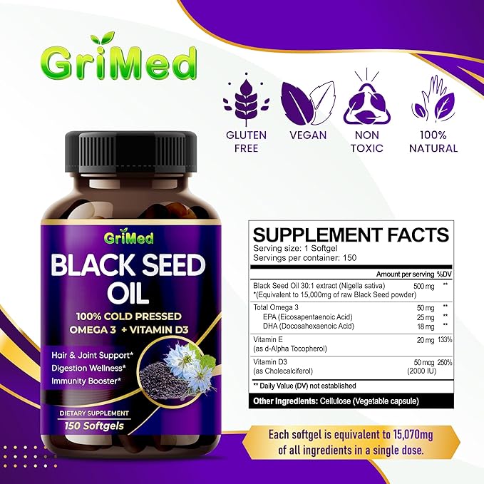 Black Seed Oil 15,070mg 100% Cold 3, Vitamin D3, and (150 Count 1))