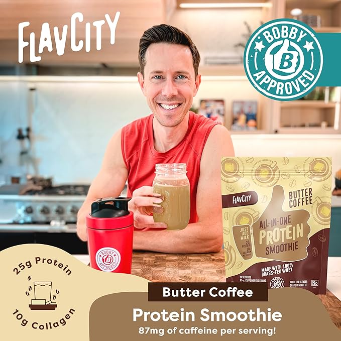 FlavCity Protein Powder Smoothie, Butter Coffee - 100% Grass-Fed Whey Protein Powder Shake with Collagen (25g of Protein) - Gluten Free & No Added Sugars (33.02 oz)