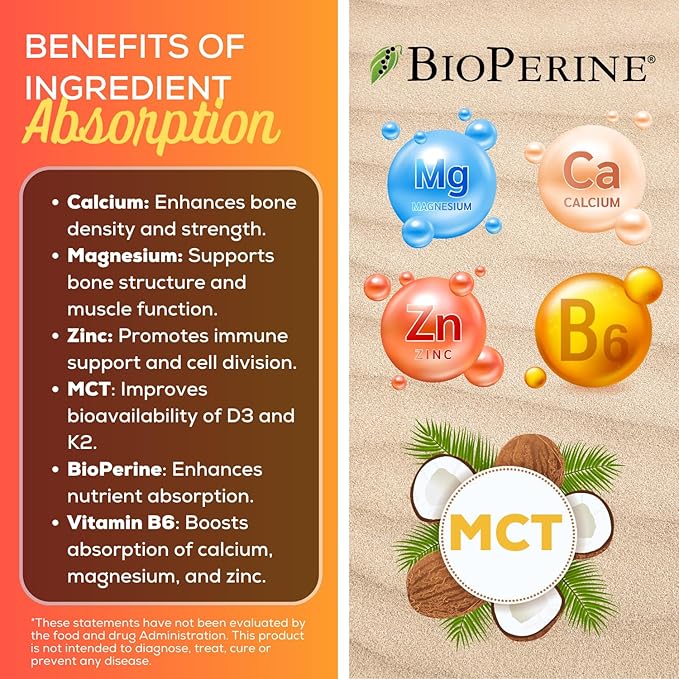 grow vitamin D3 K2 w/MCT Oil - 10,000 IU D3, 100 mcg K2 MK7, Calcium, Zinc, BioPerine, Magnesium for Superior Absorption - 60 Capsules