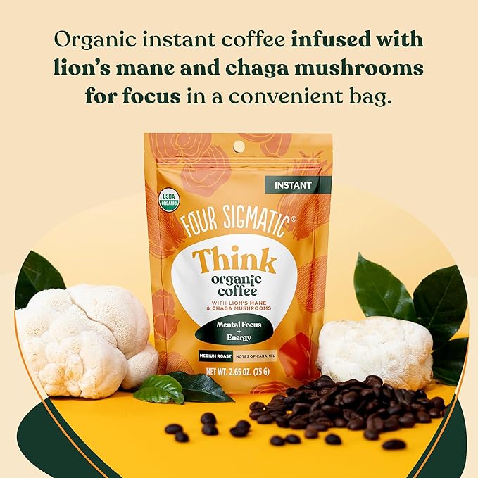 Four Sigmatic Organic Mushroom Coffee | Instant Mushroom Coffee Mix with Lion's Mane, Chaga and Rhodiola for Better Focus and Immune Support | 30 Serving Bag