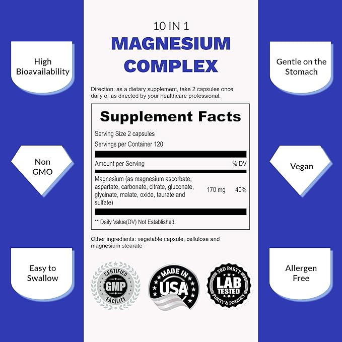 UpNourish Magnesium Supplement - 10 in 1 Magnesium Complex - Full Spectrum Magnesium Mineral Supplements with Glycinate, Citrate, Taurate, Malate, Carbonate, Oxide and More, 240 Vegan Capsules
