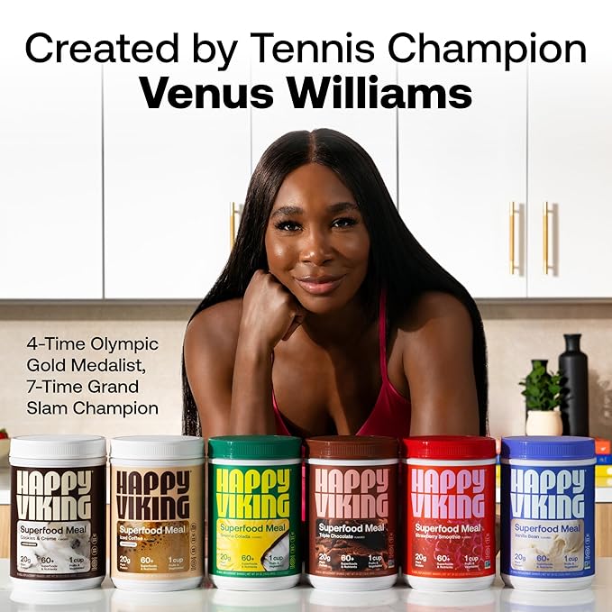 Happy Viking Iced Coffee Protein Powder, Created by Venus Williams, 20G Protein, Low Carb, Keto, Vegan, Gluten-Free, Non-GMO, Superfoods, Complete Meal Replacement, 1 Canister (24 oz.)