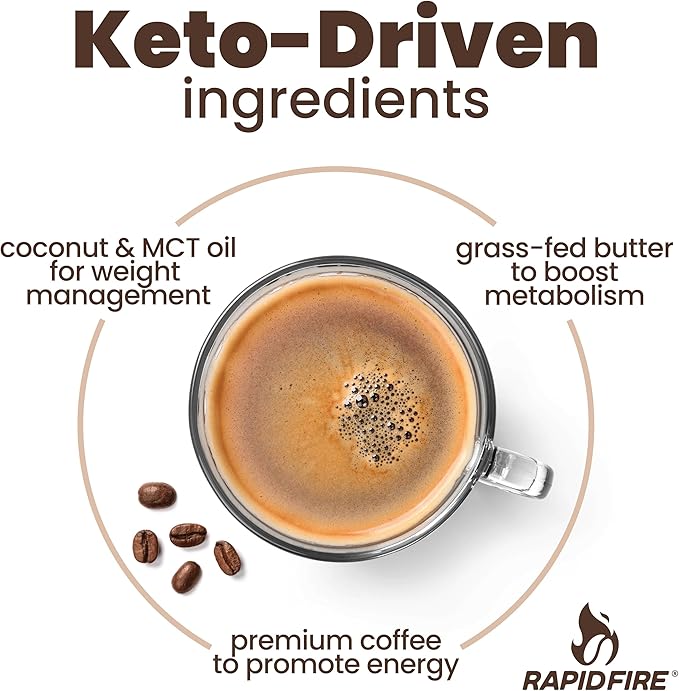 Rapidfire Ketogenic High Performance Instant Coffee Mix, Supports Energy and Metabolism, 15 Servings, brown, 7.93 ounce (pack of 1)