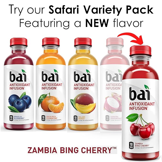 Bai Flavored Water, Safari Variety Pack, Antioxidant Infused Drinks, 3 Each of Brasilia Blueberry, Costa Rica Clementine, Malawi Mango, Zambia Bing Cherry,18 Fl Oz Bottles (Pack of 12)(Package may vary)