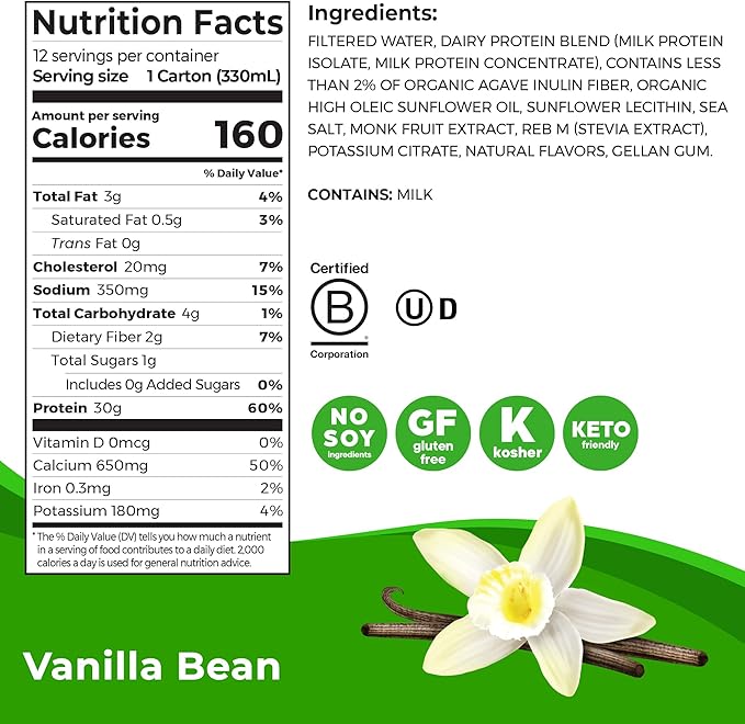 Orgain 30g High Protein Shake, Dairy Isolate Milk Protein, Vanilla Bean, 6g BCAAs, 1g Sugar Per Serving, Meal Replacement, Ready to Drink, Keto Friendly, Gluten-Free 11 Fl Oz (Pack of 12)