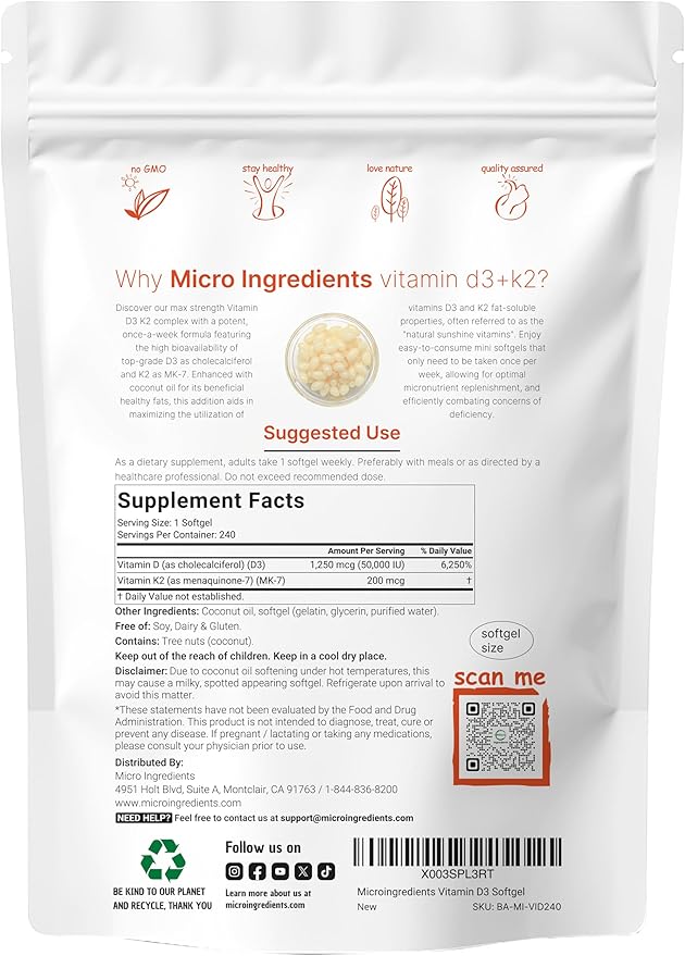Micro Ingredients Vitamin D3 50,000 IU K2 (MK-7) (MK-7) 200 200 mcg, 240 Virgin 2 in 1 Vitamins