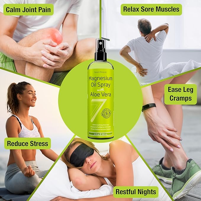 Seven Minerals, Magnesium Oil Spray with Aloe Vera - Less Itchy - Use as Magnesium Spray Deodorant - Made in USA - Get Healthy Hair & Skin and Sleep Better - Free eBook Included (Big 12 oz)