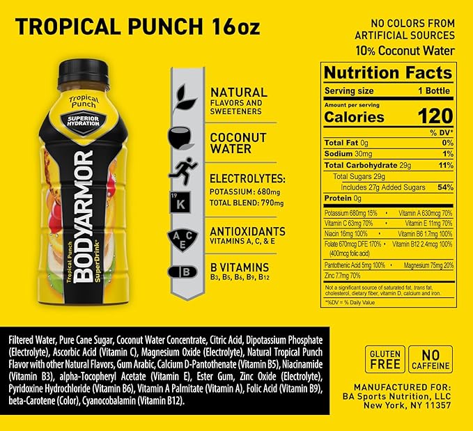 BODYARMOR Sports Drink Sports Beverage, Tropical Punch, Coconut Water Hydration, Natural Flavors With Vitamins, Potassium-Packed Electrolytes, Perfect For Athletes, 16 Fl Oz (Pack of 12)