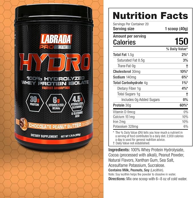 LABRADA HYDRO 100% Pure Hydrolyzed Whey 6g BCAA’s, 4.5g Glutamine, 20 Servings