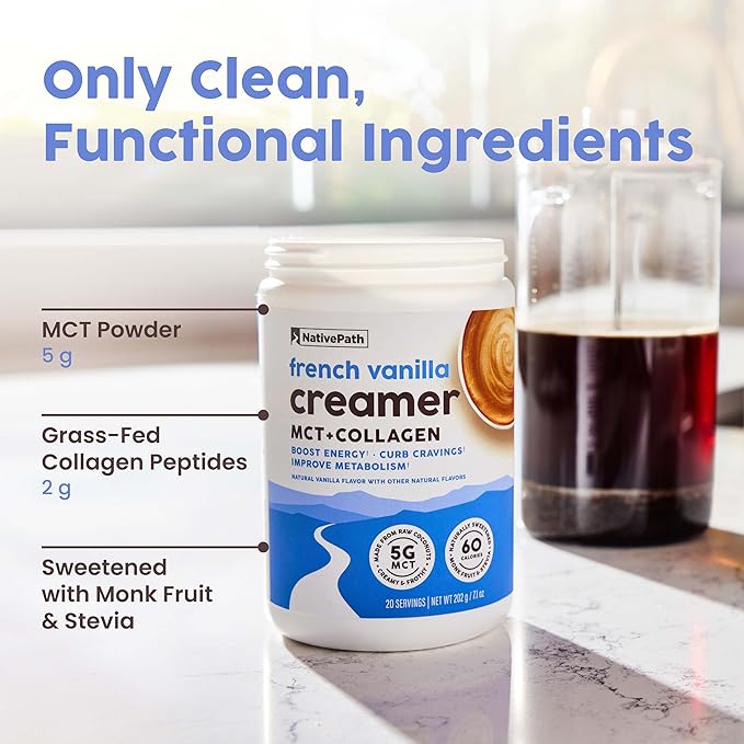 NativePath Keto Coffee Creamer Powder French Vanilla — Keto-Friendly, Non-Dairy & Low Sugar Creamer. Made with Grass-fed Collagen Protein Powder, MCT Oil & Monk Fruit. Soy & Gluten Free (7.1 OZ)