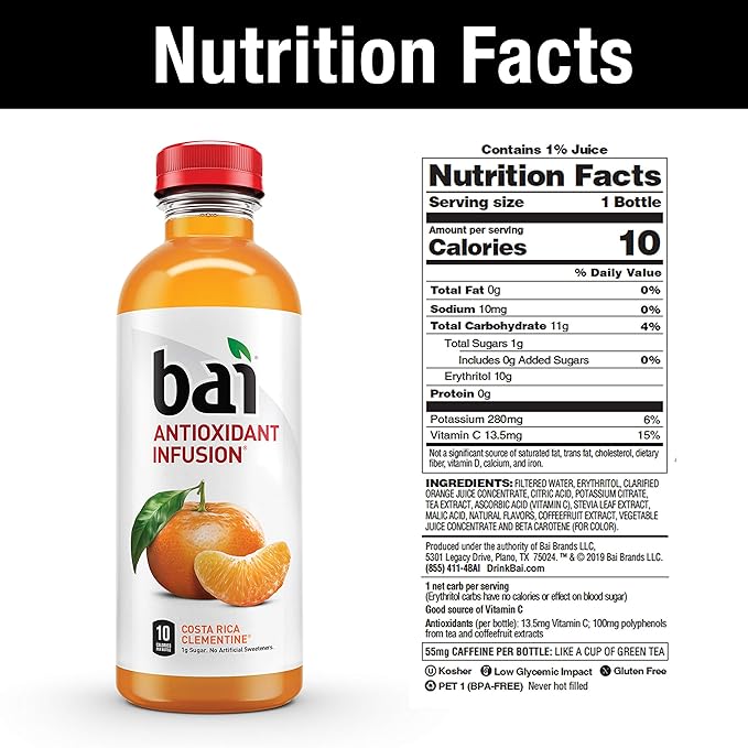 Bai Flavored Water, Costa Rica Clementine, Antioxidant Infused Drinks, 18 Fluid Ounce Bottle (Pack of 12)