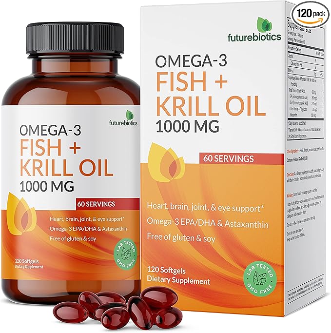 Futurebiotics Omega-3 Fish + Krill Oil 1000 MG Omega-3 EPA/DHA 120 Softgels (60 Servings)