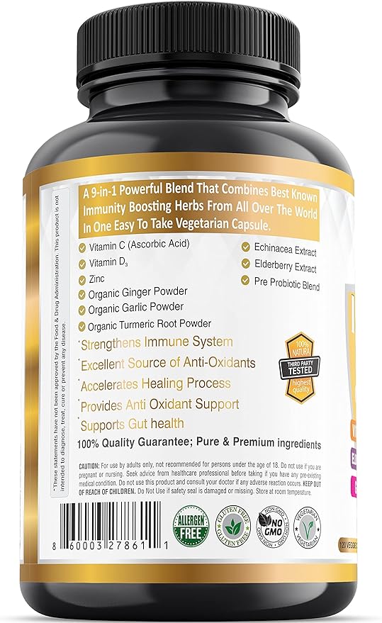 9-in-1 Immune Support Vitamin C (1000mg), D3 (5000 (5000 IU), Zinc(22mg) with (120 caps 2 month