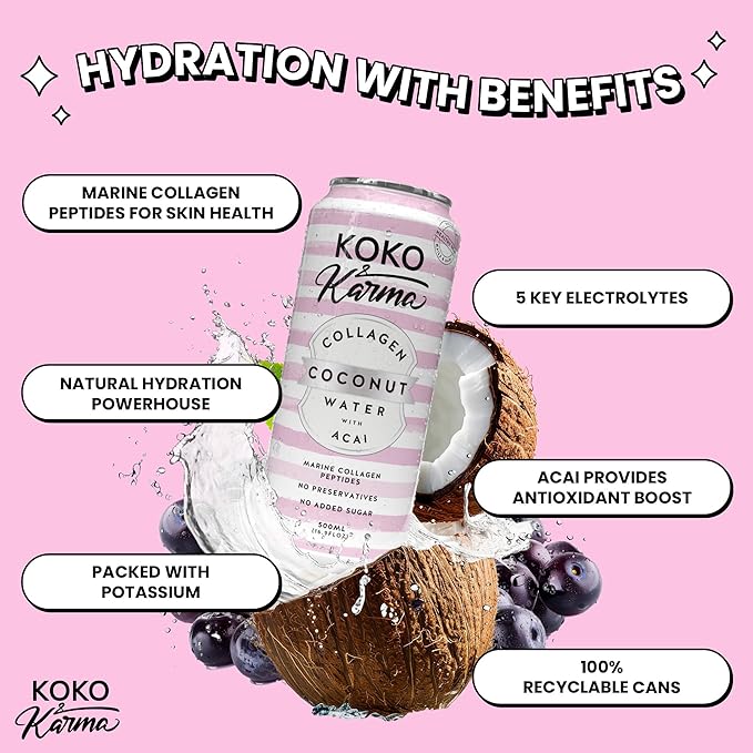 Coco Luxe / Koko & Karma Coconut water with Marine Collagen and Acai Berry 16.9oz (12 pack case)