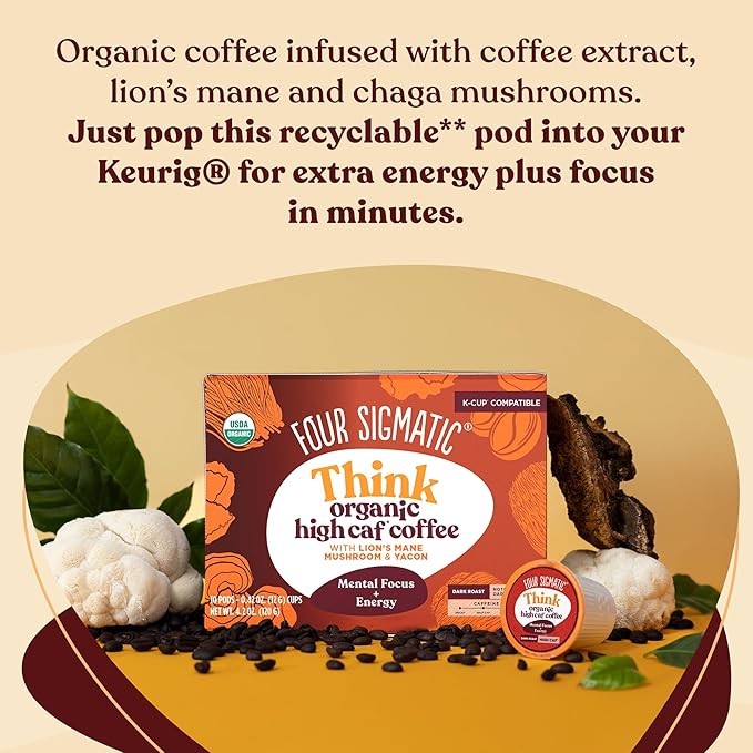 Four Sigmatic High Caffeine Mushroom Coffee K-Cups | Organic Dark Roast Coffee with Lion’s Mane & Yacon | Focus & Immune Support | Vegan & Keto | Sustainable Pods | 10 Count