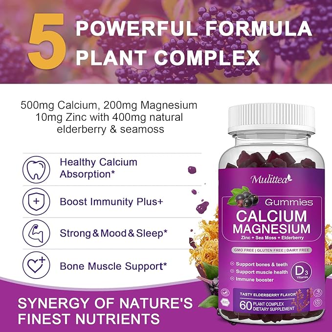 Calcium Magnesium Zinc Gummes with Magnesium 200mg, Potassium D3, 60veggie 60veggie Whole