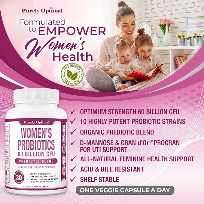 Purely Optimal Women's Probiotic Supplement - 60 Billion CFU with Prebiotics, 10 Strains Including Lactobacillus & Bifidobacterium, Digestive & Vaginal Health Support, UTI Defense - 30 Capsules