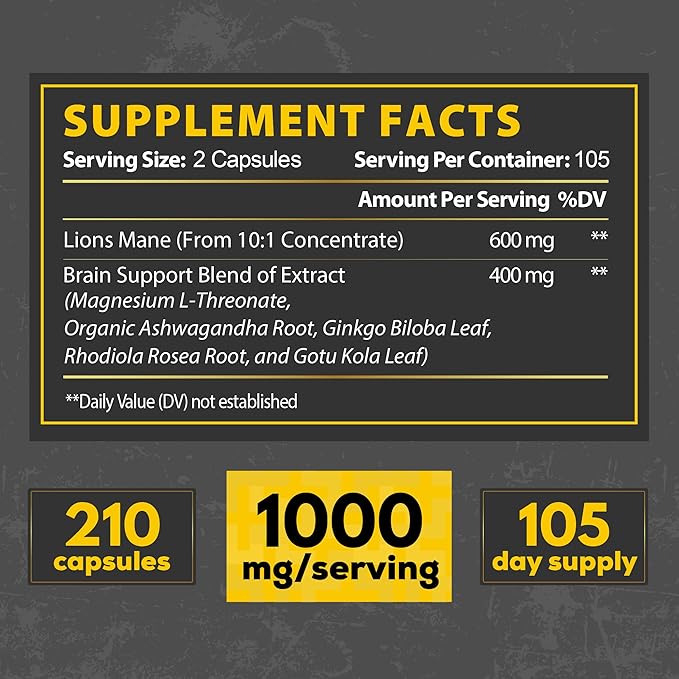 Lions Mane Supplement Capsules with Magnesium 210 Vegan