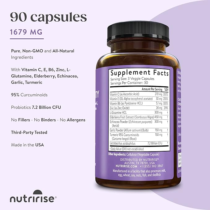 NutriRise Immunity Complex Immune Support Supplement B6, Zinc, 7.2 Billion 90 Count