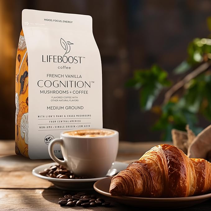 Lifeboost French Vanilla Cognition Mushroom Coffee - Lions Mane & Chaga Nootropic Coffee - Low Acid Medium Organic Coffee - Increase Energy, Boost Focus & Immune Support - 12 oz Bag - Ground