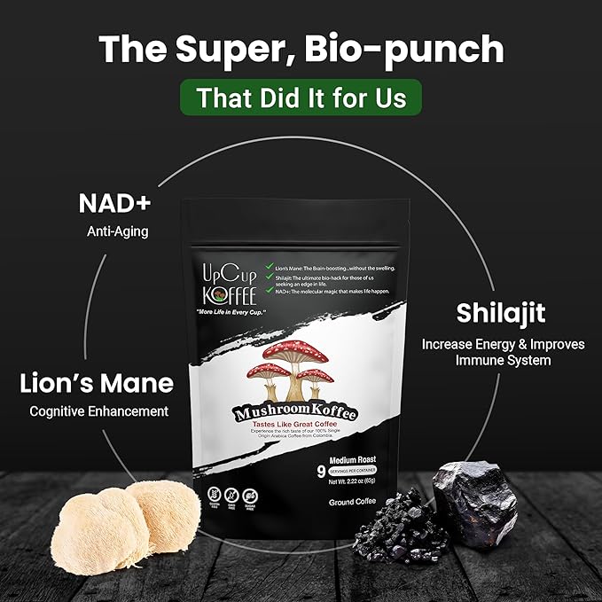 UpCup Koffee Functional Ground Mushroom Coffee - Includes Lions Mane, NAD+, & Himalayan Shilajit for Immune Support & Cognitive Boost - Made with Colombian Beans - 2.2 oz. Sample Bag