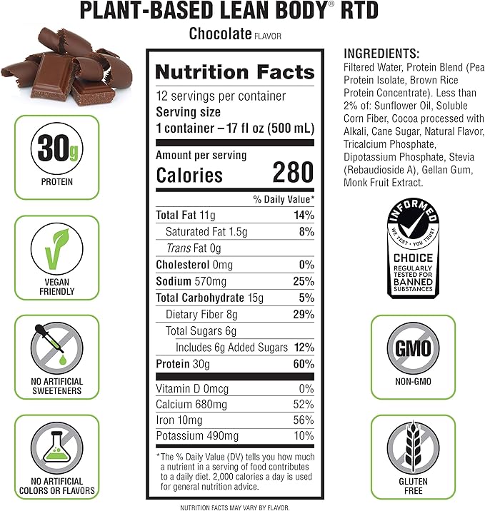 Lean Body Ready-to-Drink, Plant-Based Vegan Chocolate 30g Protein, 12)