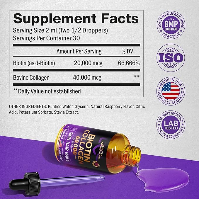 Liquid Biotin & Collagen 60000 mcg B7 Supplement 98% Faster