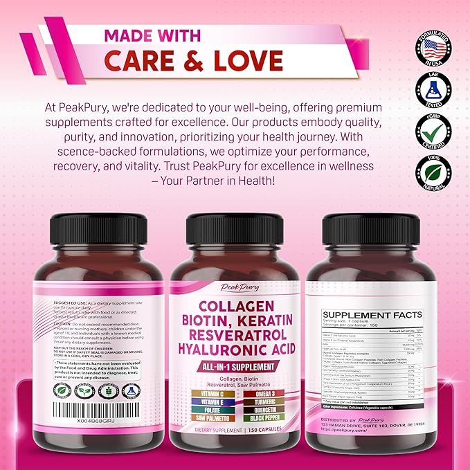 Collagen Biotin Resveratrol Saw Palmetto - Skin, Joint Health Support - Made in USA