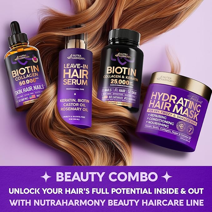 Biotin | Collagen | Keratin - 25000 mcg B2 | B3 | B6 | B7 - 60 Capsules