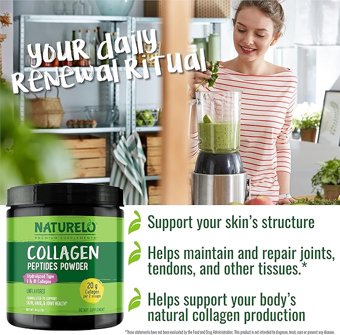 NATURELO Collagen Peptide Powder, Hydrolyzed Collagen 16 Ounces 45 Servings