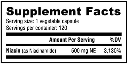 NutraBio Niacinamide Supplement for Normalized Blood Lipids, Better LDL & HDL Levels, Flush Free Vitamin B3, 500mg - 120 Vegetable Capsules