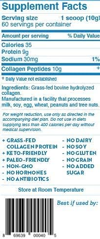 Dr. Kellyann Hydrolyzed Collagen Peptides Protein (60 Servings, 1.3lbs) Grass 9g, Collagen 10g