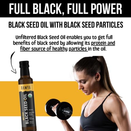 RAWYA Black Seed Oil - Organic Cold Pressed Nigella Sativa - Turkish Origin - USDA Organic - Natural Supplement - Black Cumin Seed Oil - Rich Flavor & High Concentration - 250ml Glass Bottle