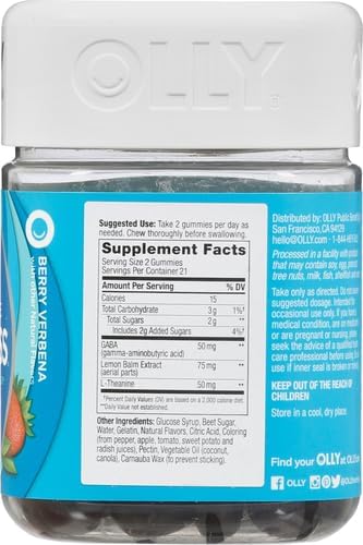OLLY Goodbye Stress Gummy, GABA, L-Theanine, Lemon Balm, Stress Relief Supplement, Berry - 42 Count